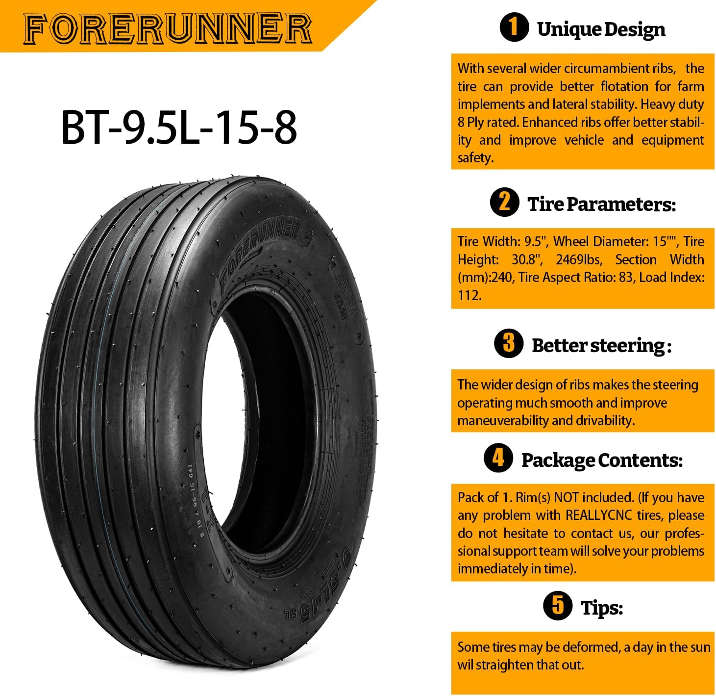 FORERUNNER Heavy Duty 9.5L-15 8 Ply Forklift Tire QH641 Pattern (Pack of 2, Tubeless)