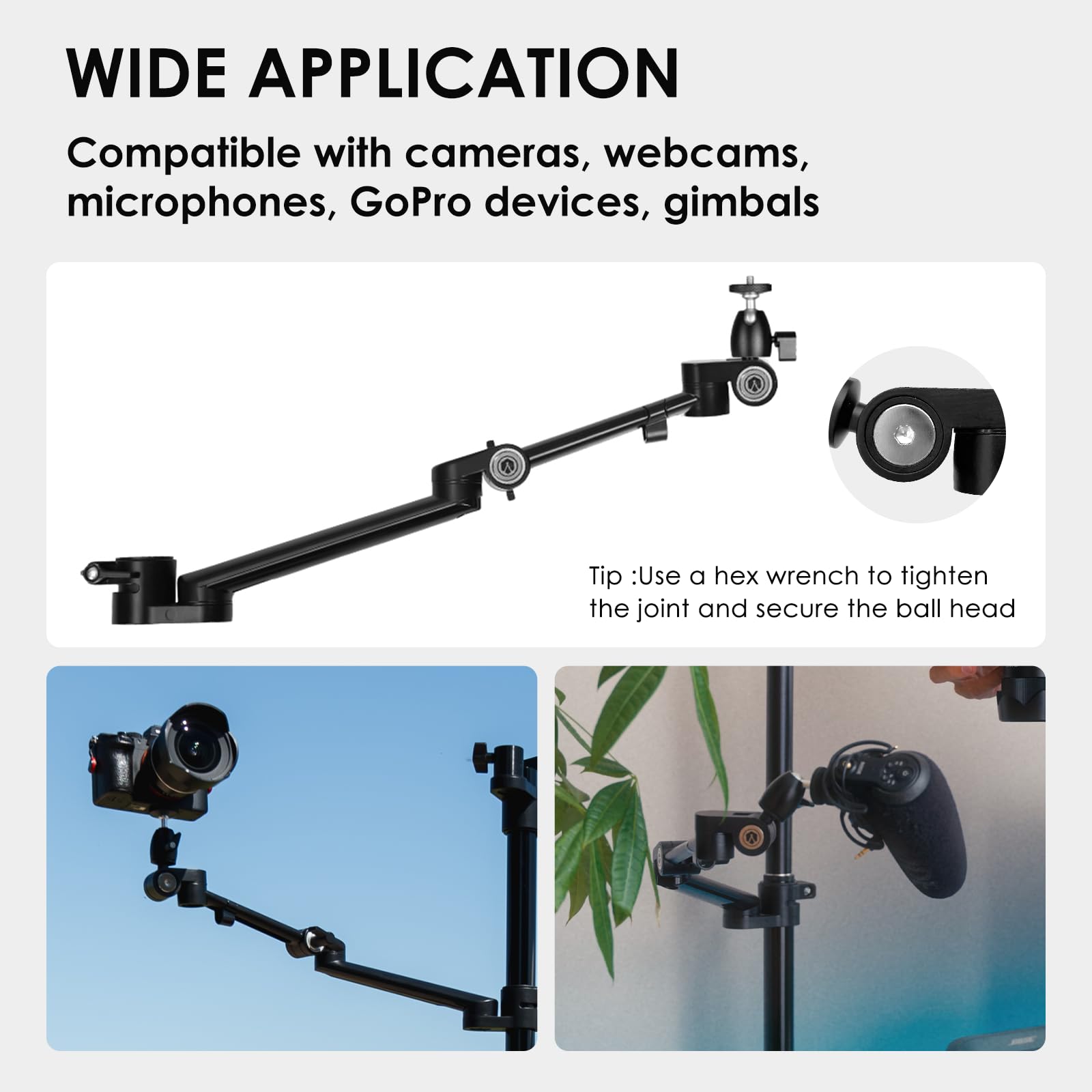 TARION Soporte Modular para cámara de Escritorio, Brazo de Escritorio DSLR de 48 cm con Cabeza esférica de Tornillo de 1/4 Pulgadas Ajustable a 360 Grados, Compatible con Varillas de 35 mm, Brazo