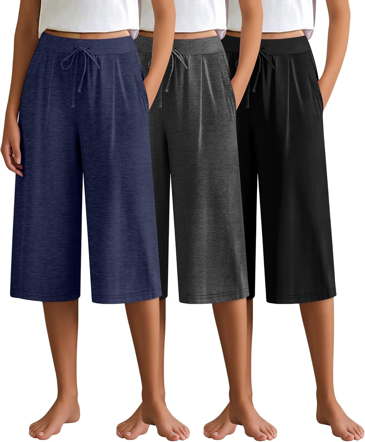 3 Pack Women's Capri Pants, Casual Wide Leg Yoga Pants High Waist Drawstring Cropped Lounge Trousers with Pockets