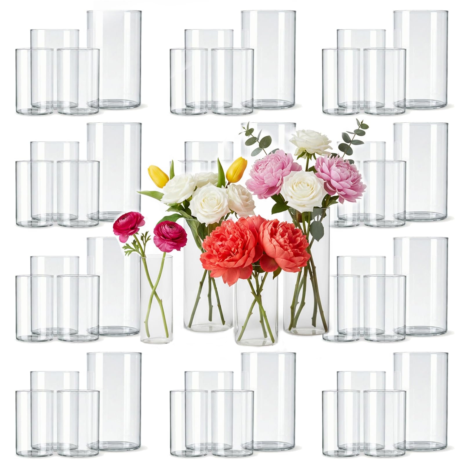 Photo 1 of Wehomai 48pcs Glass Cylinder Vases for Centerpieces,Clear Flower Vases for Wedding Decorations and Indoor Home Decor, Hurricane Candle Holder for Table Shelf, Party