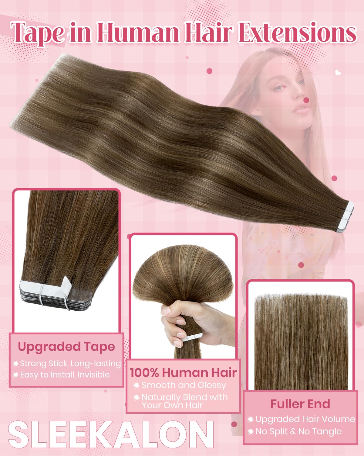 SLEEKALON Invisible Tape in Hair Extensions Real Human Hair 20 Pcs Thinned Version #4/4/27 Ombre Midium Brown/Dark Blonde - Image 4