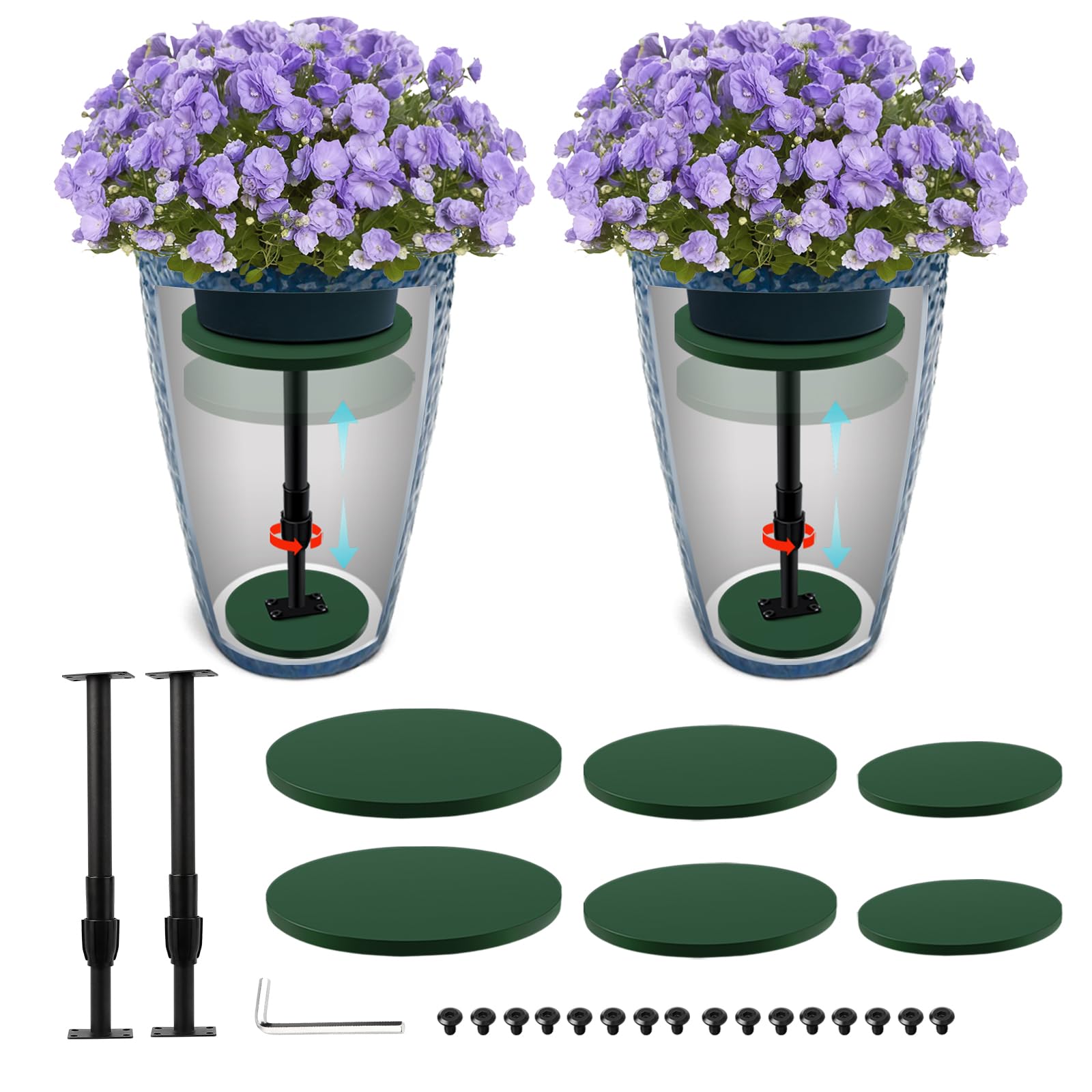 2 pack adjustable height plant risers for inside pots, 12-21" planter inserts for large pots, pot fillers for tall square round taper planters (6" 8" 10" base or top)
