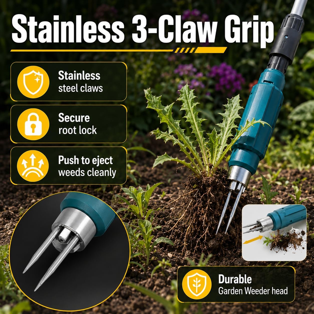 Extracteur de mauvaises herbes électrique avec poignée réglable, tête en acier à 3 griffes et 2 batteries 2,0 Ah pour désherber facilement le jardin