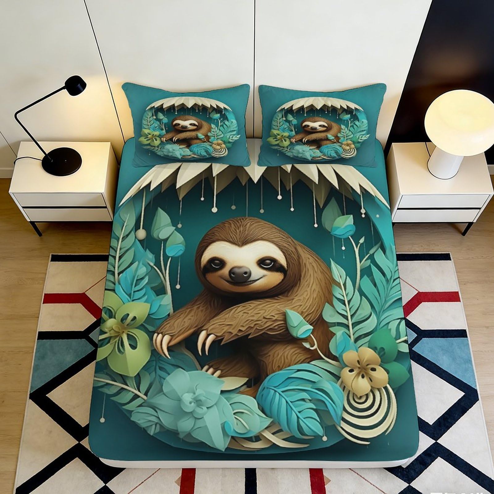 3D Printed Sloth Jungle Fitted Sheet Microfiber Soft Anti-Slip Bed Cover for Bedroom Dorm Mattress Protection Decor 200x200x25cm