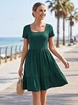 Newshows 2026 Robe d'été manches courtes Cou carré Robes Casual Beach Vacances Une ligne Ruffle Sundress avec des poches pour femme