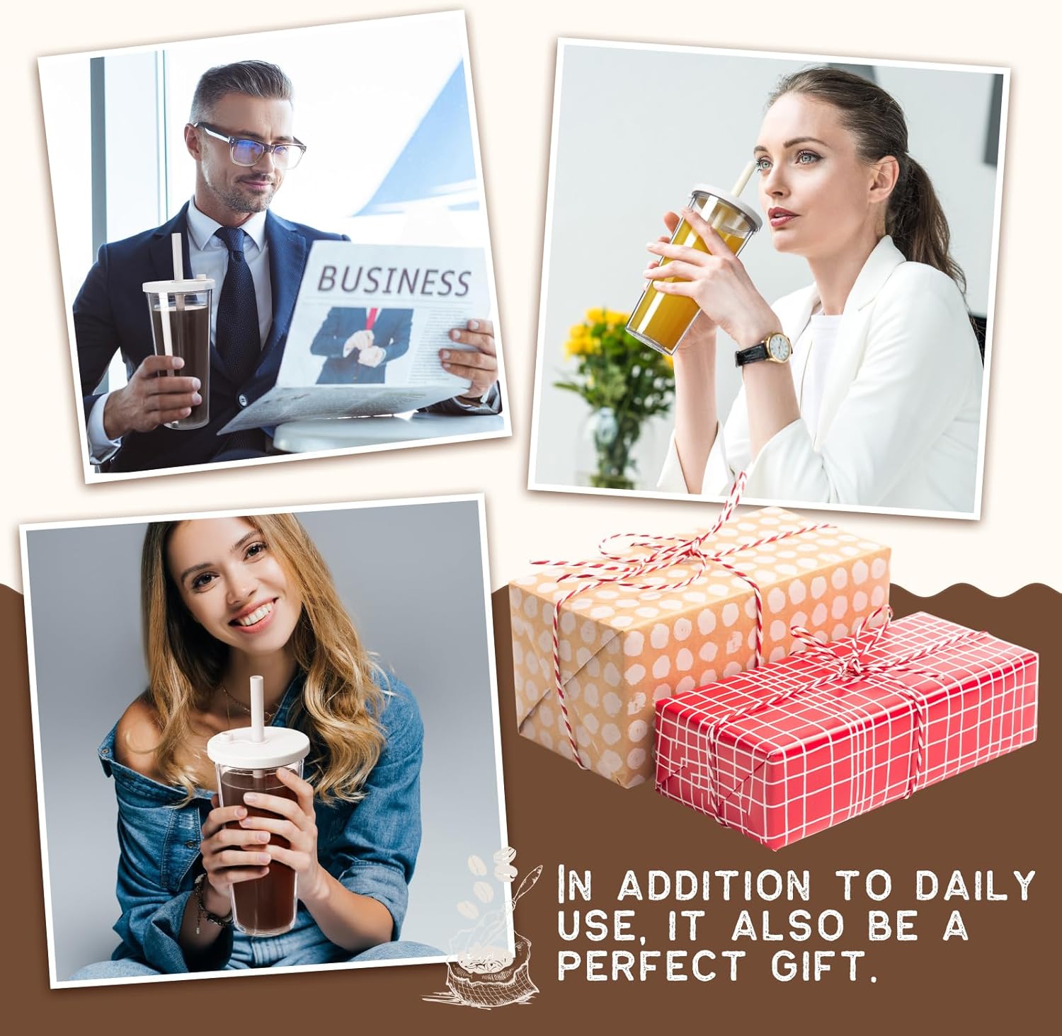 Honeydak 2 Pack Reusable Iced Coffee Cups with Lids and Straws Leakproof Double Wall Insulated Clear Plastic Iced Coffee Tumblers with Straw Brushes (24oz,White) - Image 7