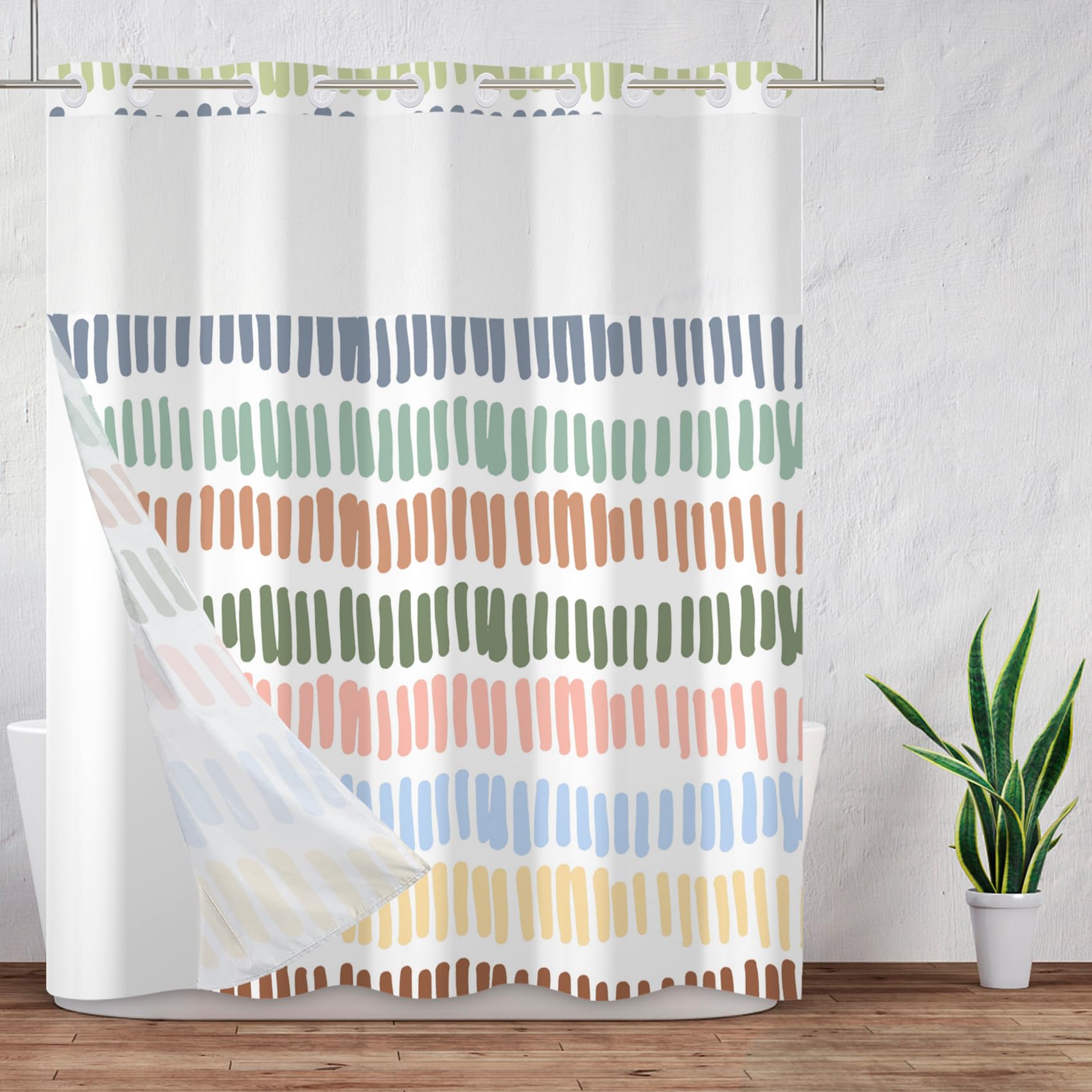 Duschvorhang ohne Haken, mehrfarbig, gestreift, mit Stoffeinsatz, Set für Badezimmer, Regenbogen-gestreift, Hotel, Duschvorhang und Auskleidung, durchsichtiger Duschvorhang mit Fenster, 180 x