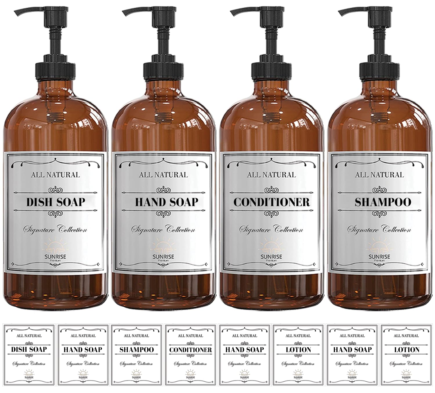 16 OZ Amber Glass Soap Dispenser with Plastic Pump, Hand and Dish Soap Dispenser Set for Bathroom with 12 Waterproof Labels, Pack 4