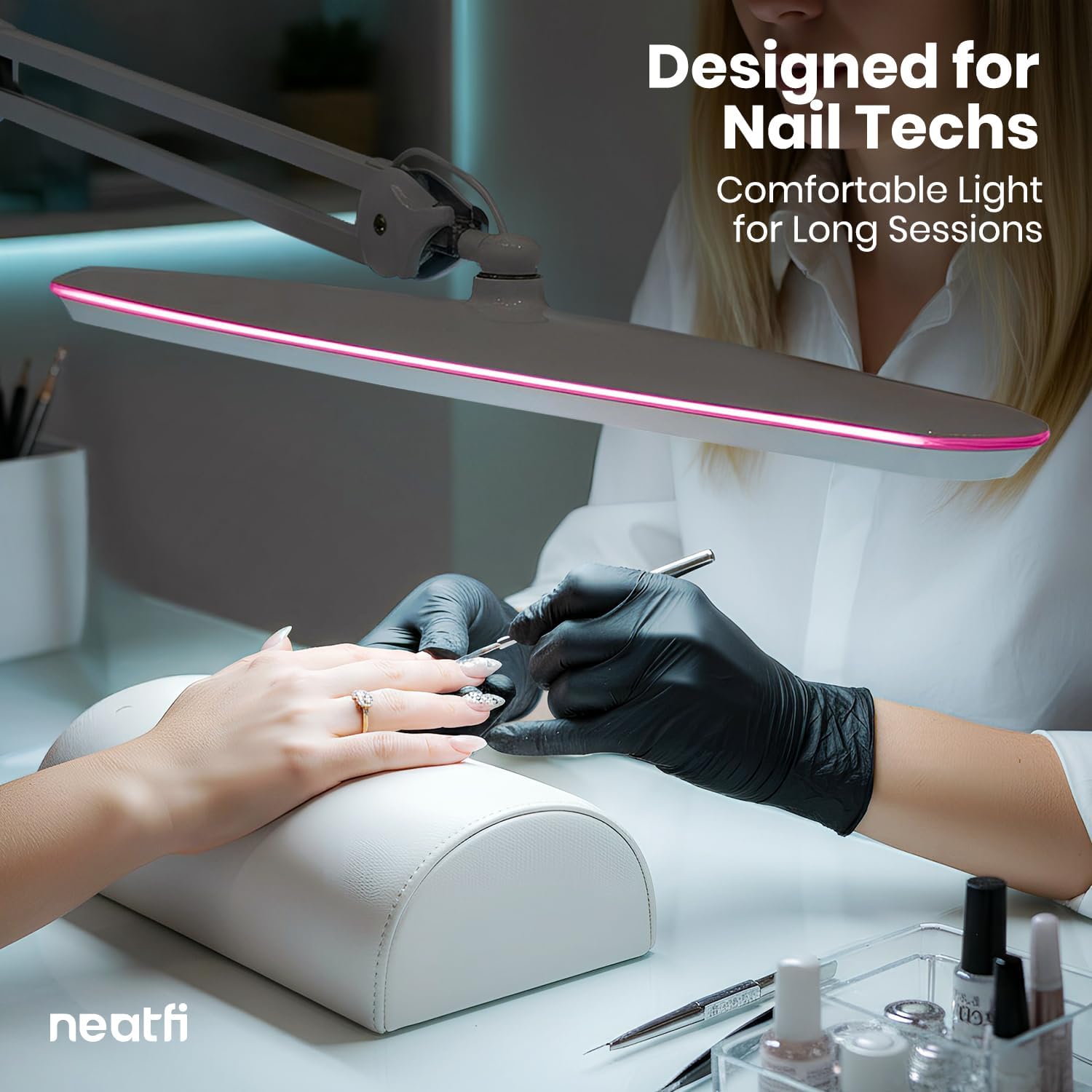 Neatfi XL 2,200 Lumens 24W LED Desk Lamp – 23” Wide Shade | Dimmable Eye-Caring Task Light | Adjustable Arm | Home Office, Study, Crafts & Nail Tech (White with Pink Ring, Non-CCT with Clamp)