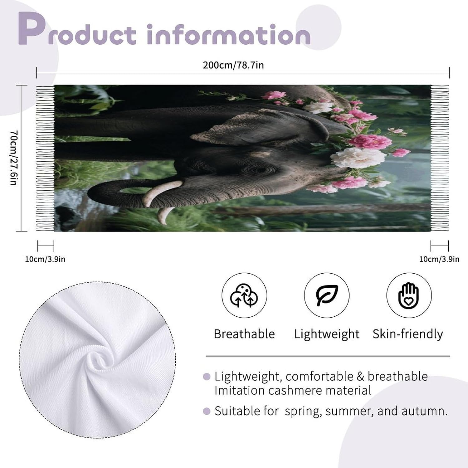 Flower Elephant Scarf for Women Men Classic Fashion Blanket Scarves Soft Cashmere Feel Scarf Cold Weather Warm Long Shawl Winter Large Scarves Classic Blanket Scarfs Thick