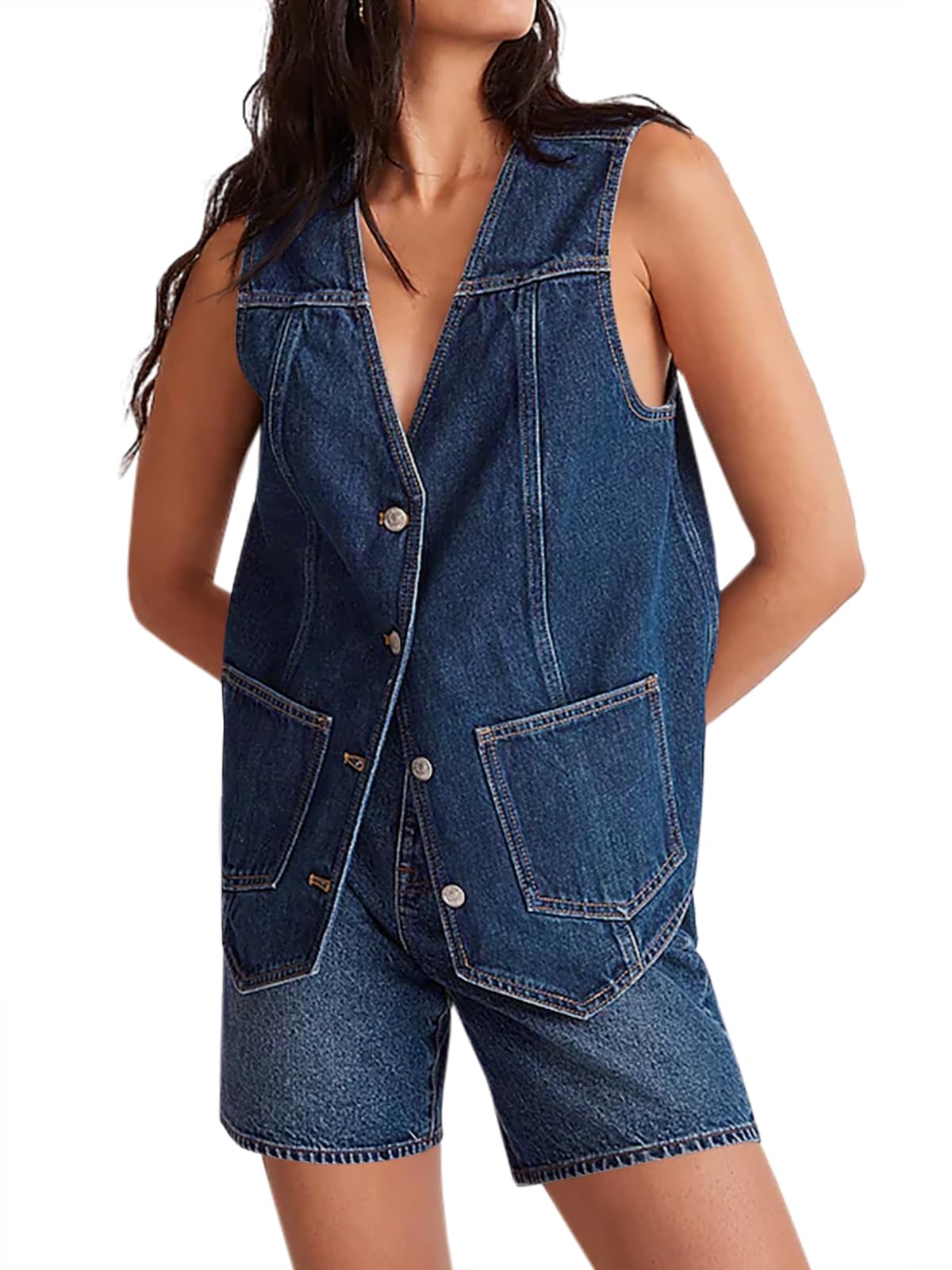 Denim Vest for Women Casual V Neck Button Down Sleeveless Jean Jacket-image-42