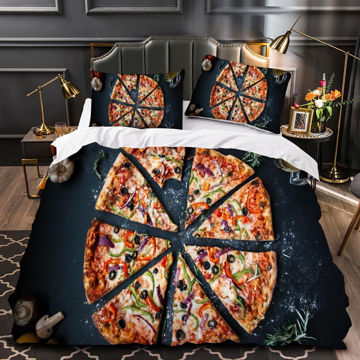 Zestaw pościeli z nadrukiem pizzy w rozmiarze Super King Size 3 szt. miękka poszewka na kołdrę z mikrofibry z 2 poszewkami na poduszki i zamkiem błyskawicznym 260 x 220 cm, można prać w pralce b. 2020