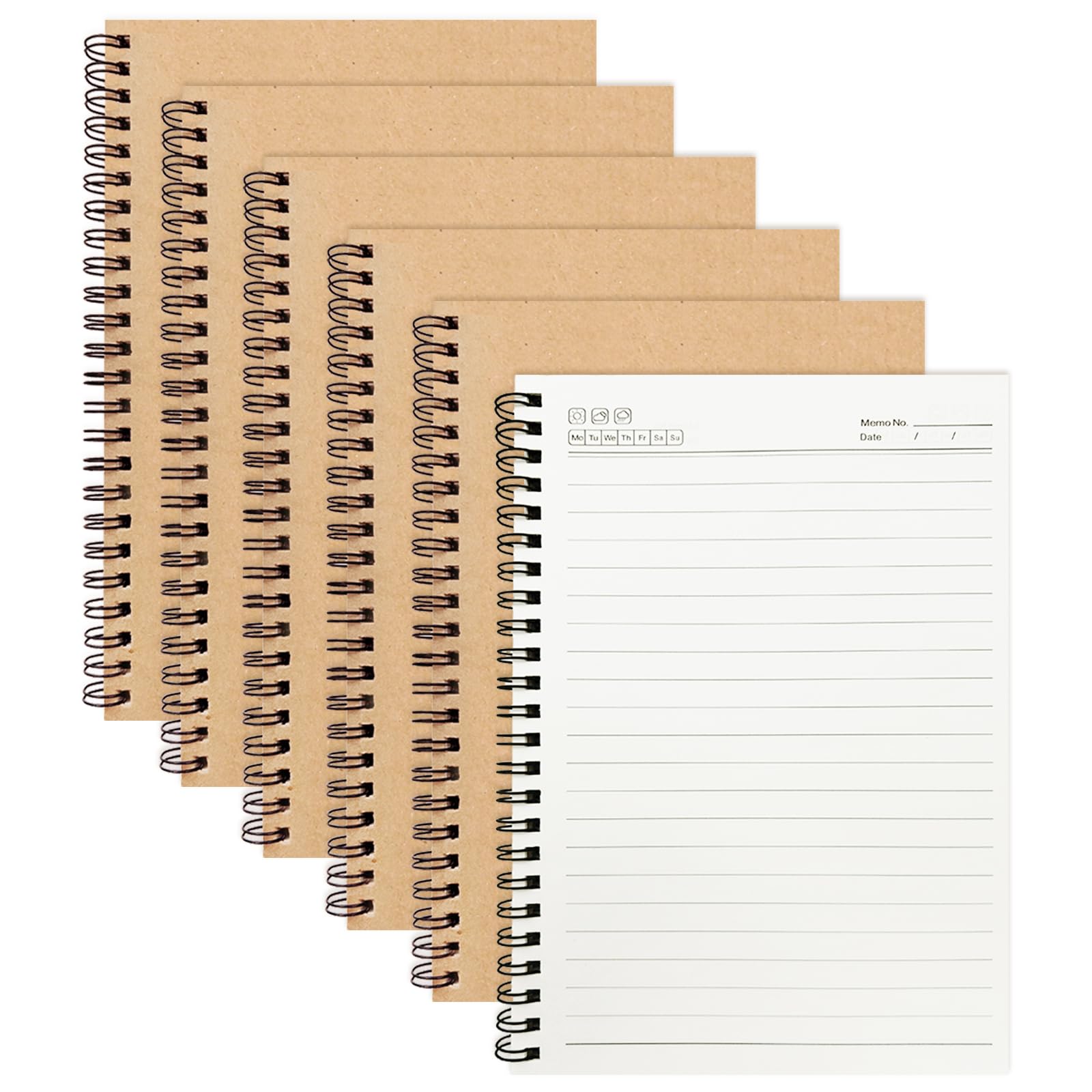 ReePlan 6 Pack A5 Spiral Notebooks, 120 Lined Pages, 80gsm Thick Paper, Kraft Cover, 360° Double Wire Binding, Coil Notepads for Work, University, Note Taking & Travel
