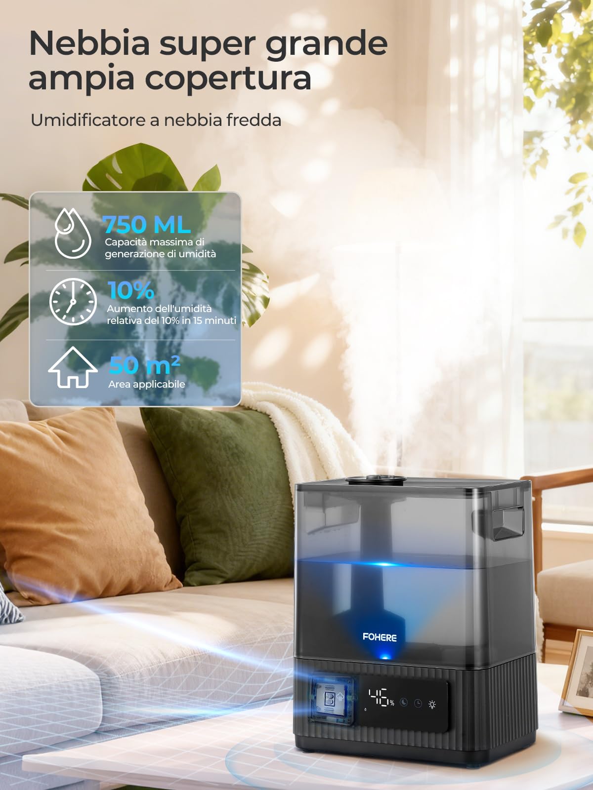 6L Luftbefeuchter für große Räume, Kaltnebel Leiser Humidifier für Kinderzimmer Schlafzimmer Pflanzen, 60 Std. Laufzeit, präziser Feuchtigkeitssensor, Aromadiffusor, oben befüllbarer