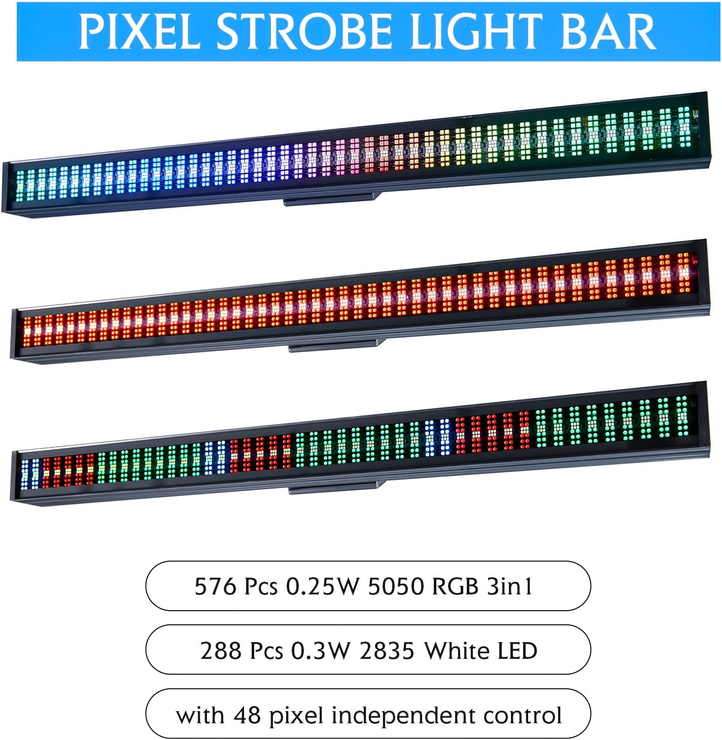 Three XFALIGHTS LED DJ Light Bars displaying different color combinations (red, green, blue, white) and pixel patterns.