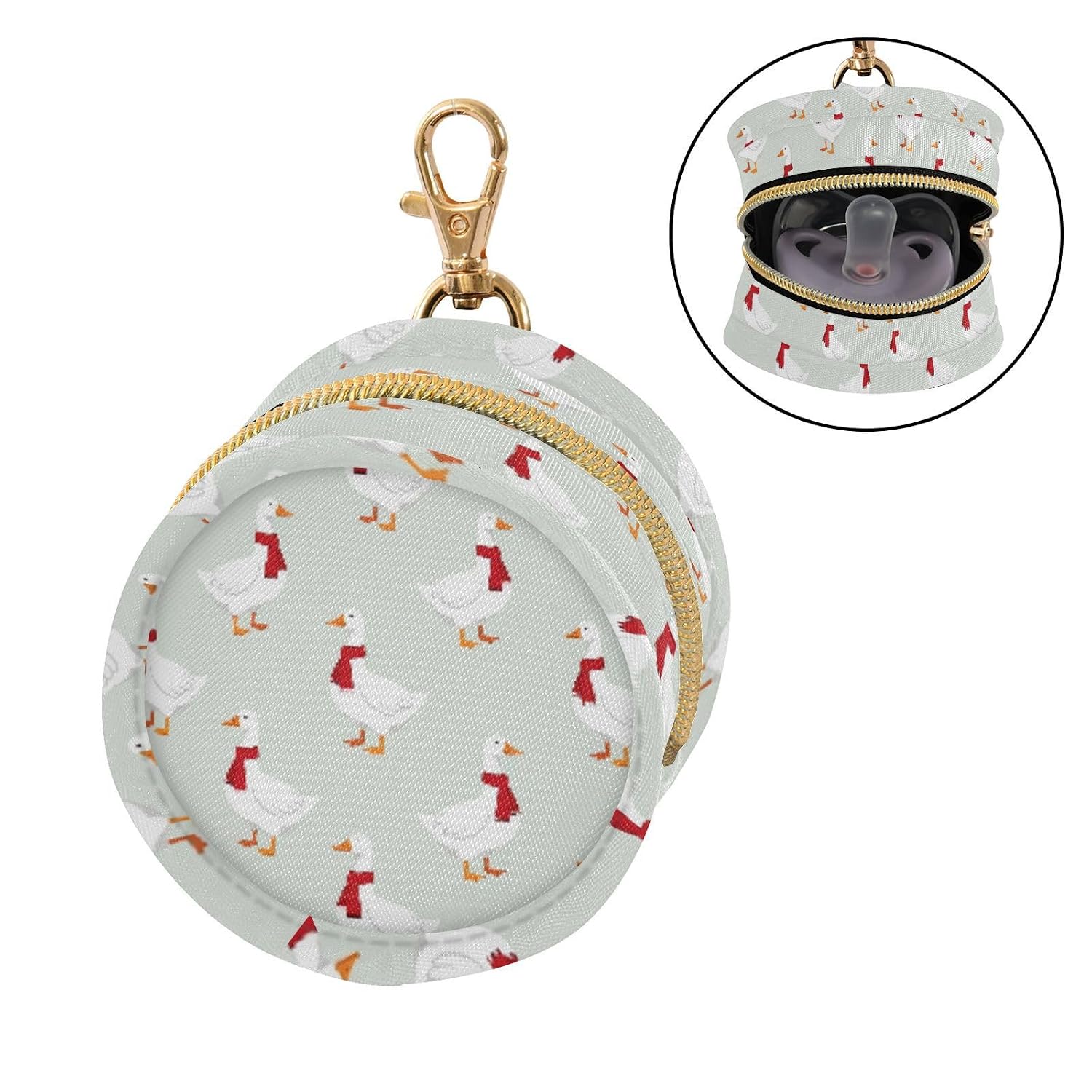 White Geese Red Scarves Baby Pacifier Holder Case with Clip Portable Pacifier Storage Organizer Round Container Pouch Box Fits Diaper Bag Stroller Purse image 2