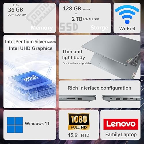 Miniatura 8 de Lenovo IdeaPad 1 Laptop para estudiantes, pantalla FHD de 15.6 pulgadas, procesador Intel de doble núcleo, 12 GB de RAM, SSD de 256 GB + 128 GB