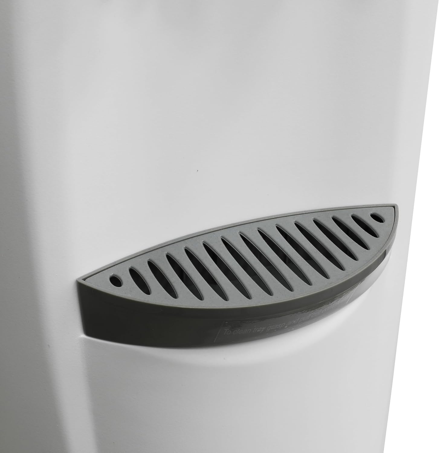 Close-up of the removable gray drip tray on the Avanti WD360 Water Cooler Dispenser