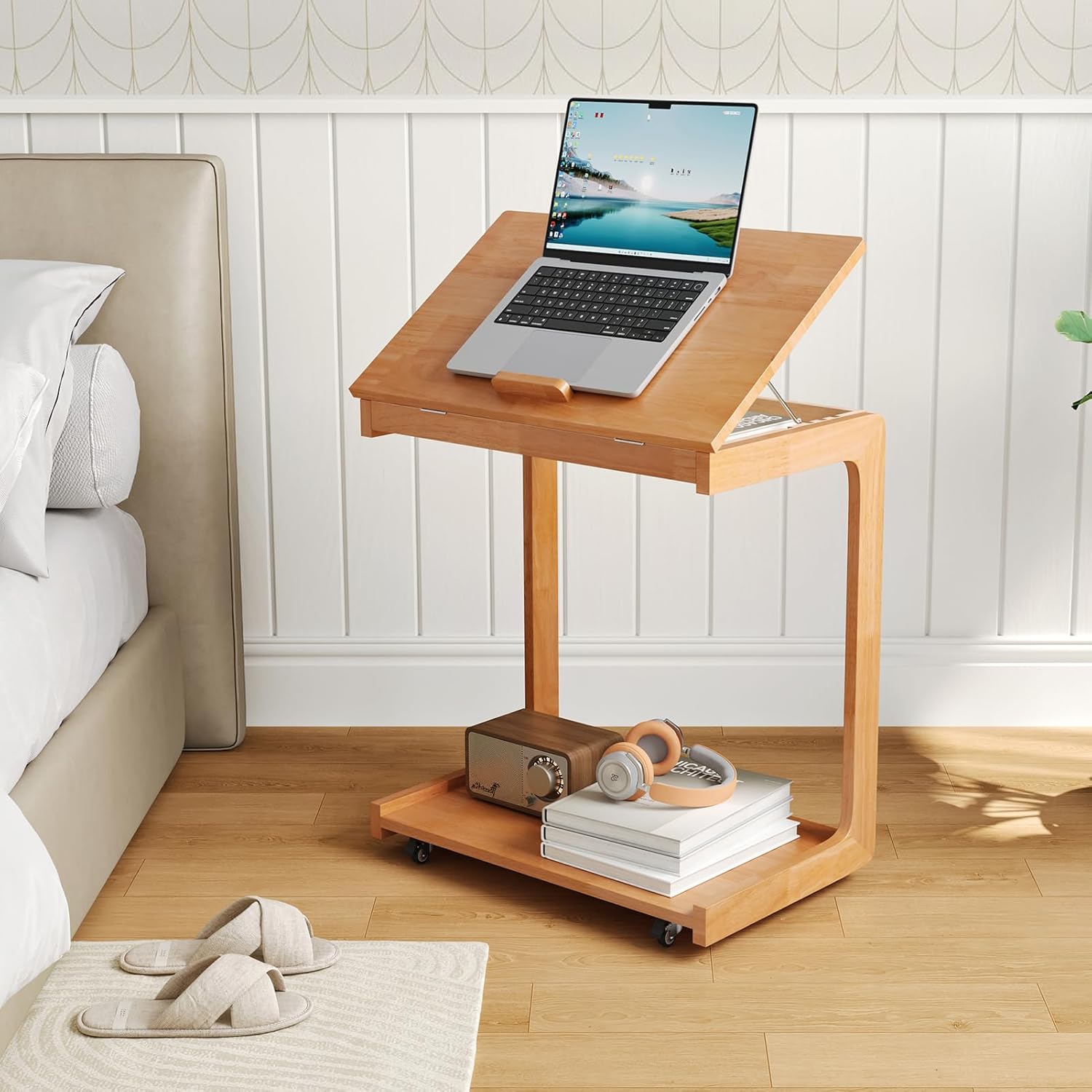 C Shaped End Table for Couch - Wooden Rolling C Shaped Side Table, End Tables Bedroom Living Room, Small C Table with Wheels, Side Table for Couch/Sofa/Bedside/Multi-Purpose, Cherry