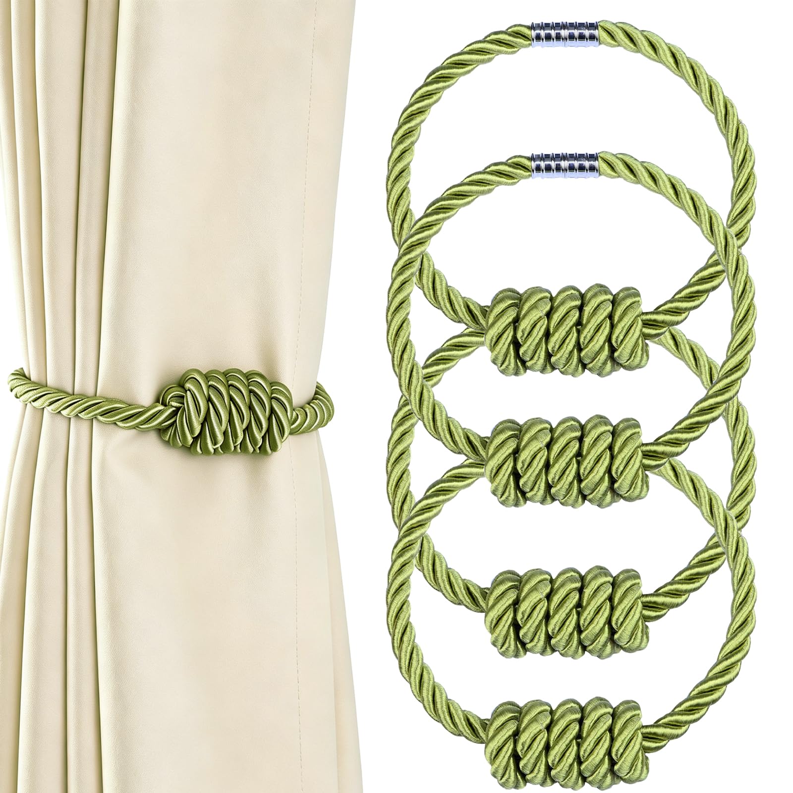 Lot de 4 embrasses magnétiques pour rideaux avec nœud en corde (vert, 4P)