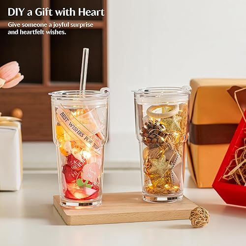 Miniatura 8 de INSETLAN Vaso de vidrio de 20 onzas con popote de vidrio y tapa, juego de 4  Taza de café helado engrosada, taza de vidrio con tapa y popote para