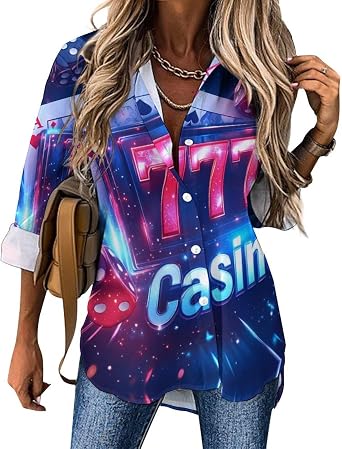 777 Casino Casual Womens Long Sleeve Blouses Hawaiian Loose Button Down Shirts Tops Tees