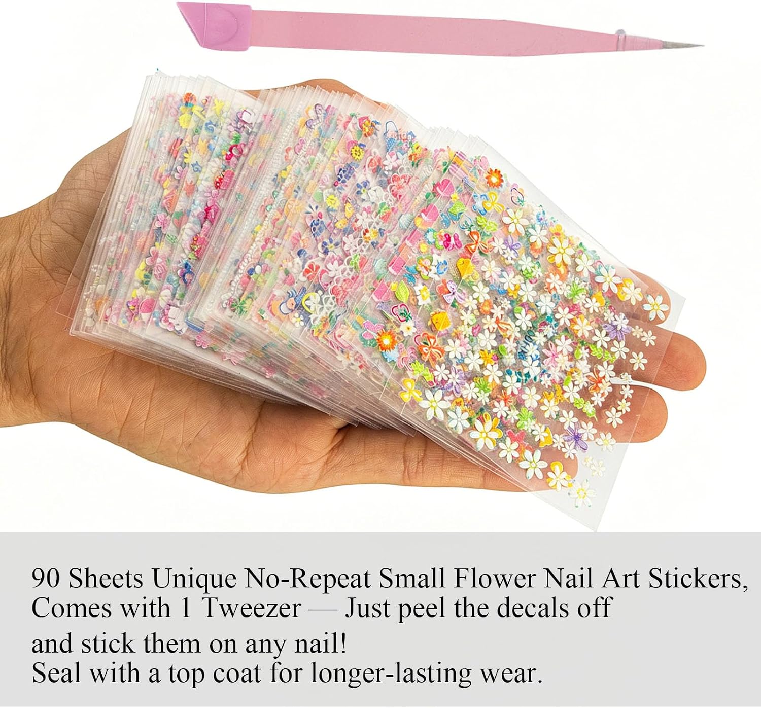 90 Sheets Flower Nail Stickers, 4500+Pcs Colorful Daisy Floral Heart 3D Self-Adhesive Nail Decals, Spring Summer DIY Manicure Decor Supplies for Women Girls Nail Art Decorations