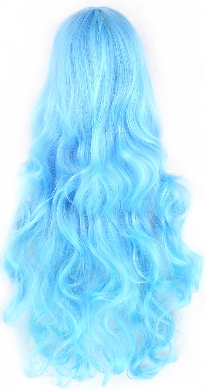 IMISSU 80cm Long Curly Natural Hair Cosplay Wig with Bangs Colorful Halloween Costume Party Wigs for Women (Sky Blue) - Image 4