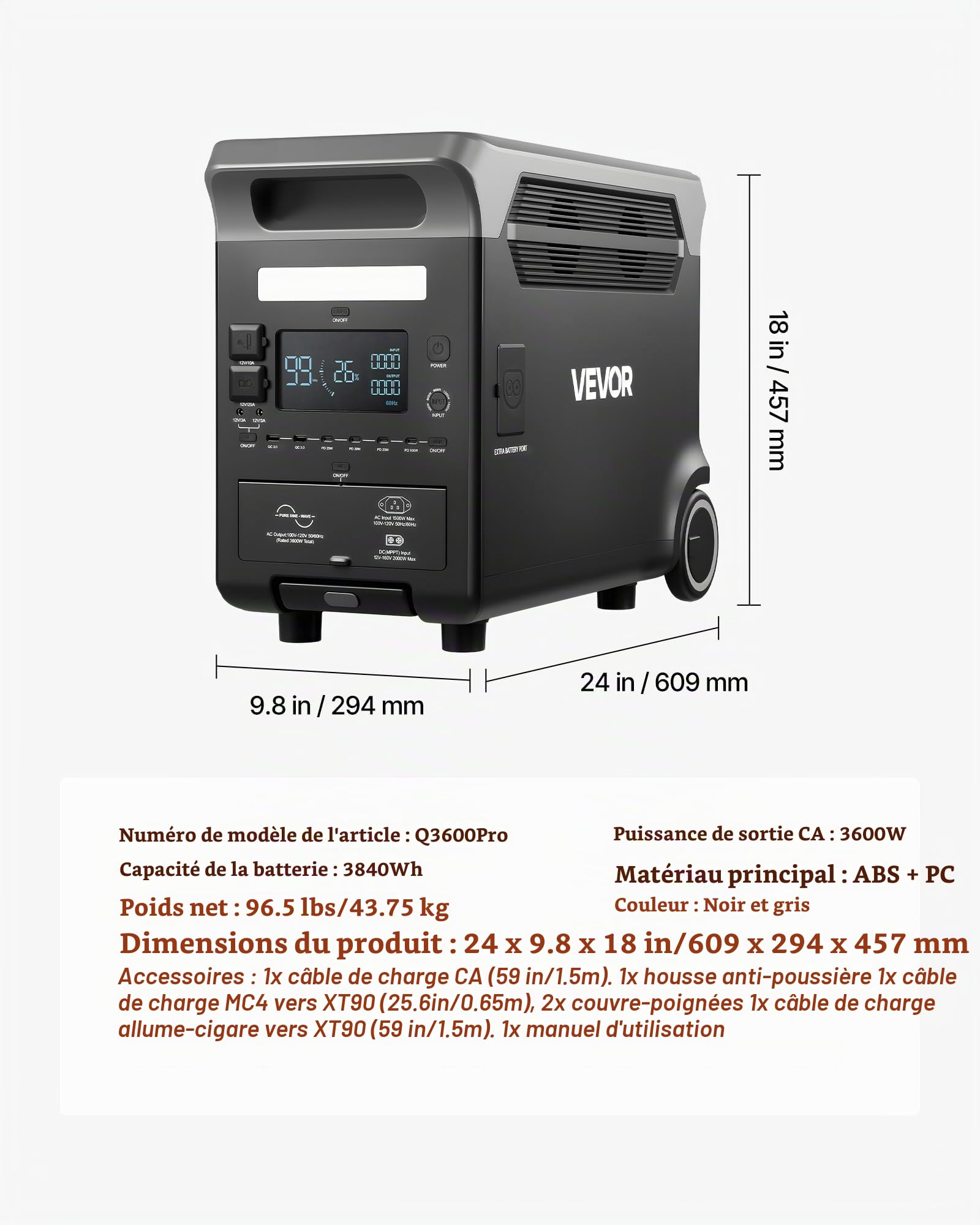 VEVOR Station Électrique Portable, Générateur Solaire 3600 W 3840 Wh avec 10 Sorties, Puissance d'Entrée Réglable, Batterie de Secours LiFePO4 Extensible pour Camping-car (Panneau Solaire Non Inclus)