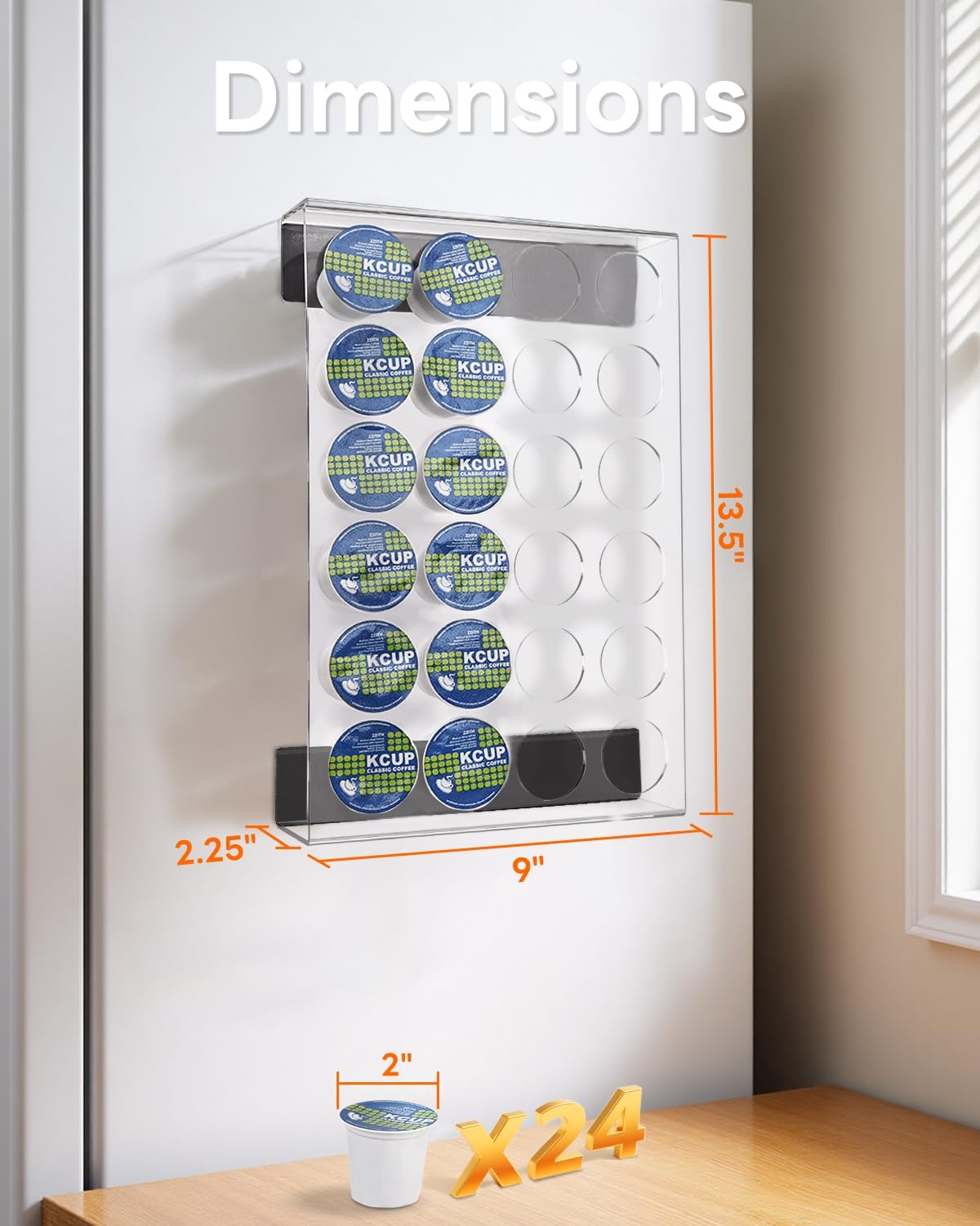 Magnetic K Cup Holder for Refrigerator, 24 K-Cup Acrylic Coffee Pod Holder with Magnets, Pod Organizer Storage for Home/Office, Coffee Station Organizer for Fridge, Drawer, 13.5"x9"x2.25"