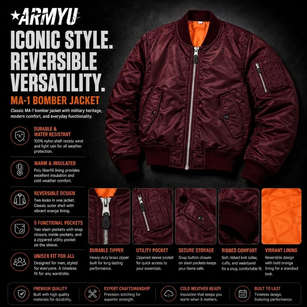 Army Universe MA-1 Bomber Flight Jacket Reversible Air Force Military Fighter Pilots Casual Insulated Tactical Coat