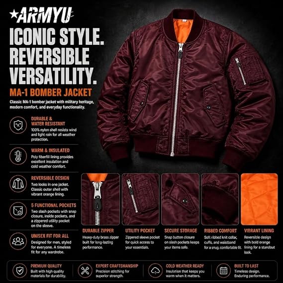Army Universe MA-1 Bomber Flight Jacket Reversible Air Force Military Fighter Pilots Casual Insulated Tactical Coat