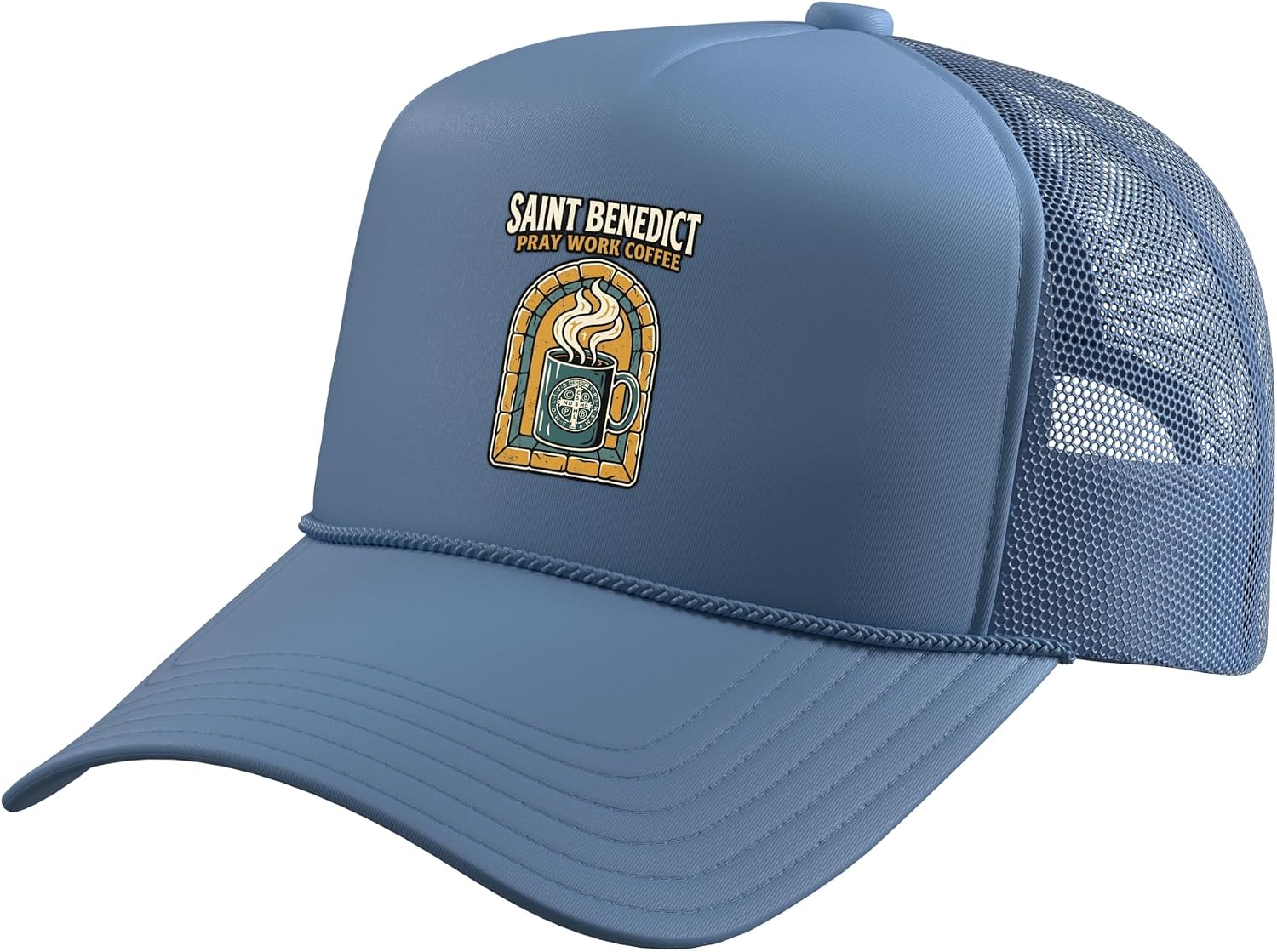 Coffee Cup Benedict Medal Steam Monastery Window Catholic Trucker Hat with Adjustable Mesh Back