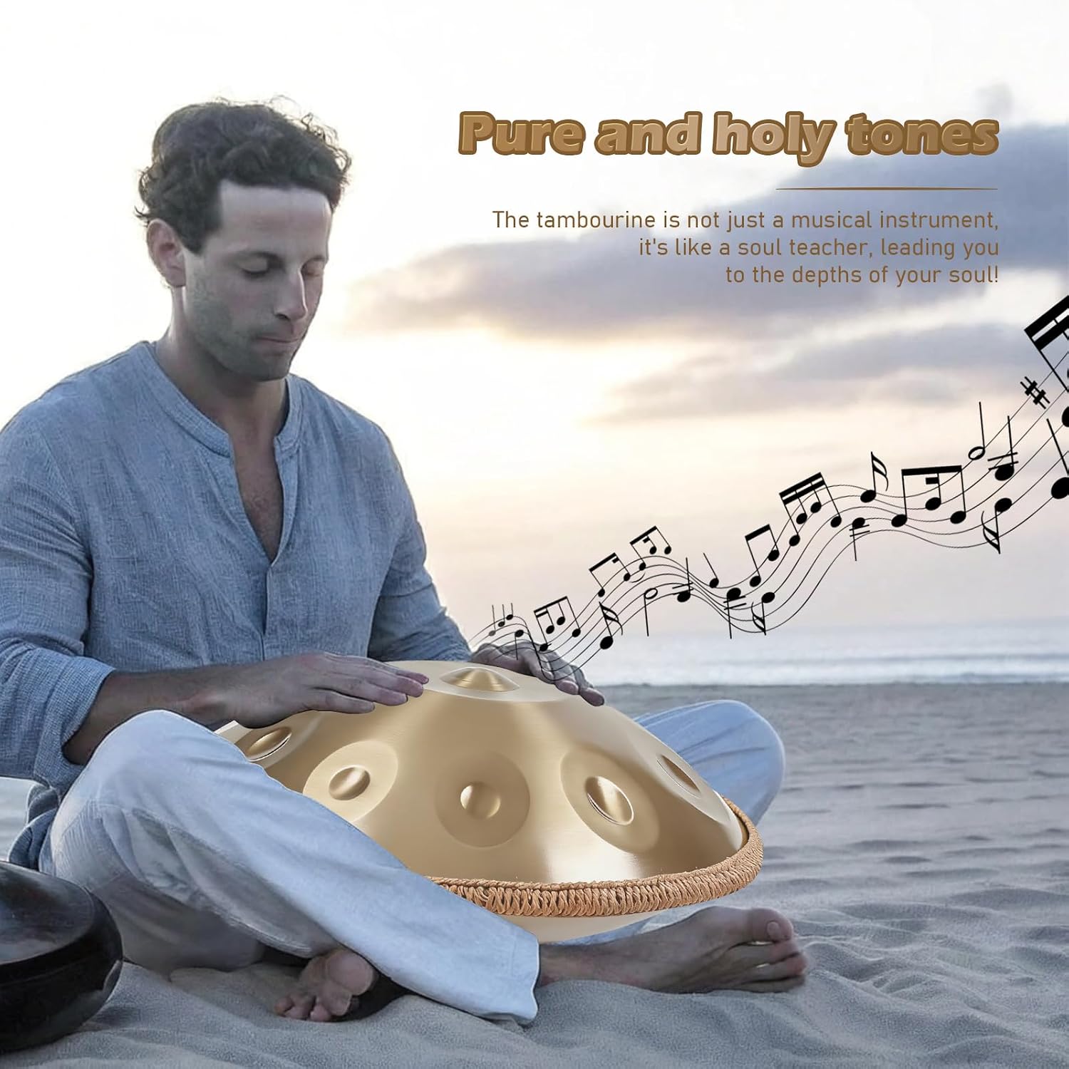 Handpan 22 Inches Drum Set, 440Hz 12 Notes Hand Drum Instrument, Premium Steel Hand Drum, Includes Carrying Case, Drumsticks, Spiral Wraps, Instruction Guide (Golden-HD-12 Notes)