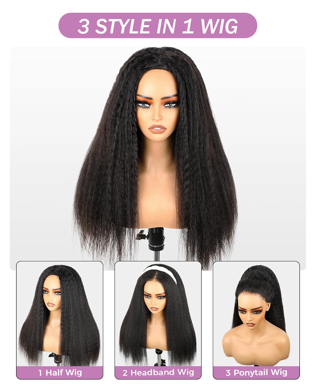 250% Density Kinky Straight Half Wig Upgrade 3 In 1 Half Wigs With Drawstring Seamless Clip Ins Flip Over Human Hair Headband Drawstring Wigs No Lace Glueless Wear And Go Wig Beginner Friendly 20 Inch