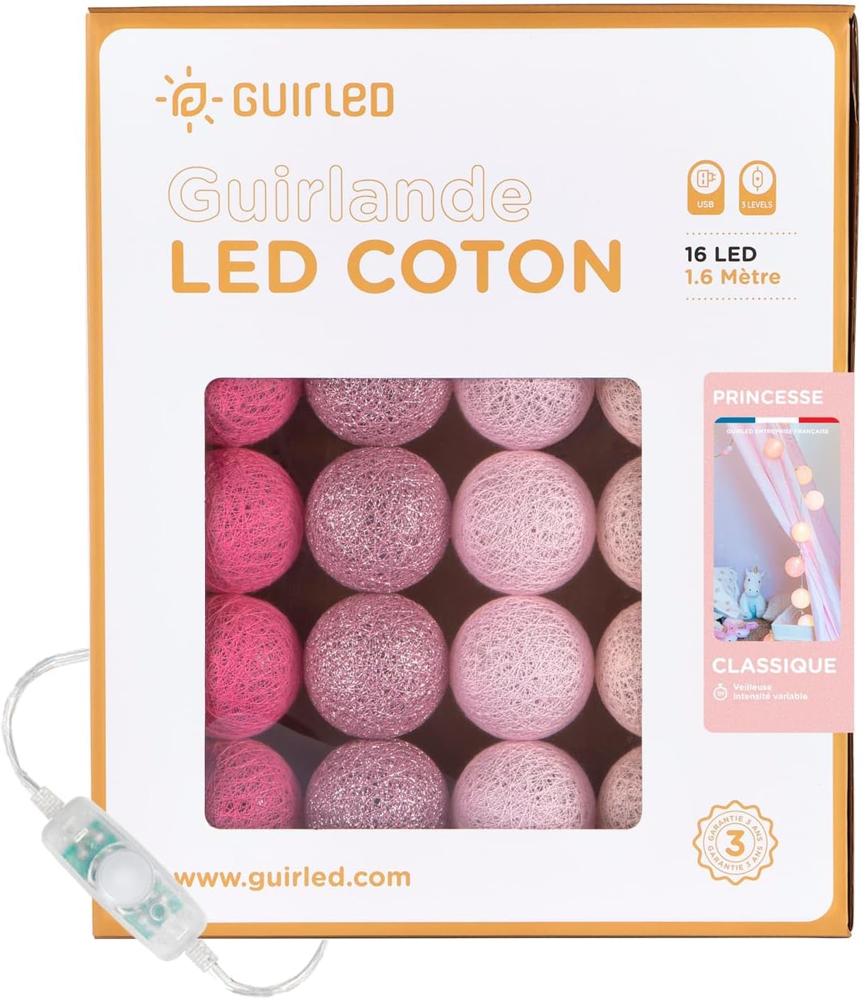 GuirLED - Guirlande lumineuse boules coton LED USB - Veilleuse bébé 2h - Adaptateur secteur double USB 2A inclus - 3 intensités - 16 boules 1.6m - Princesse