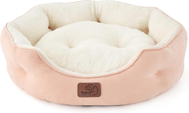 Bedsure Large Cat Bed Washable - Pink Cat Bed for Indoor Cats and Kitten, Small Cat Bed Sofa with Slip-Resistant Bottom for Puppy Dogs, Gift For Small Pets and Cat, Round, 51x48x15cm