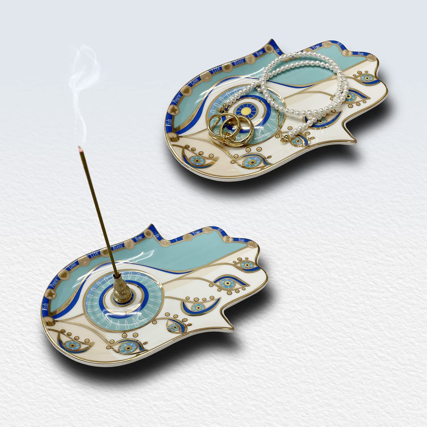 Ceramiczny uchwyt na kadzidełka Hamsa – mosiężny uchwyt na kadzidełka 2 w 1 na patyczki i kadzidła cewki – dekoracja zen z ręką Fatimy, ochrona przed złem, 15,7 cm dł. x 11,4 cm szer. (niebieski)
