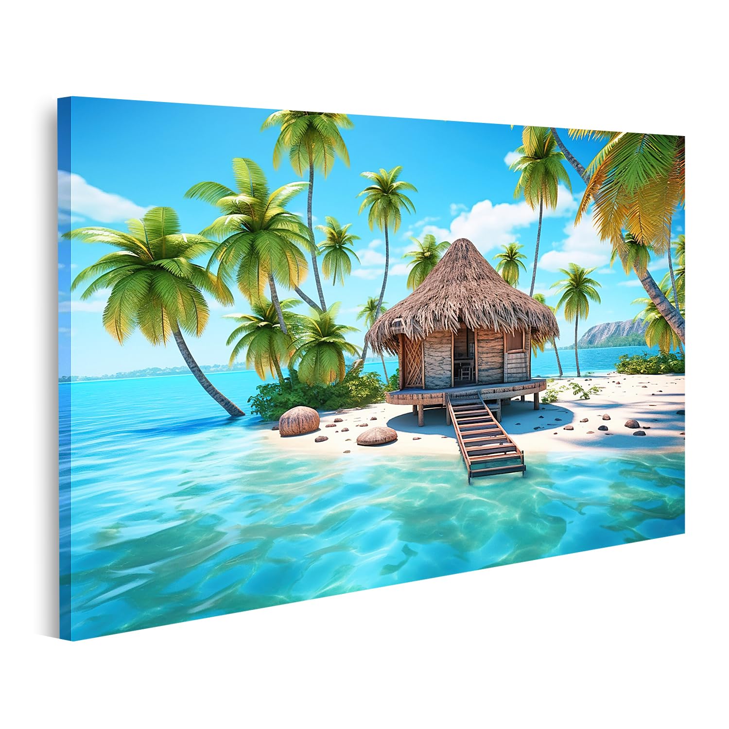 islandburner Quadro su tela cottage sulla spiaggia tropicale con palme e mare blu immagini murali poster