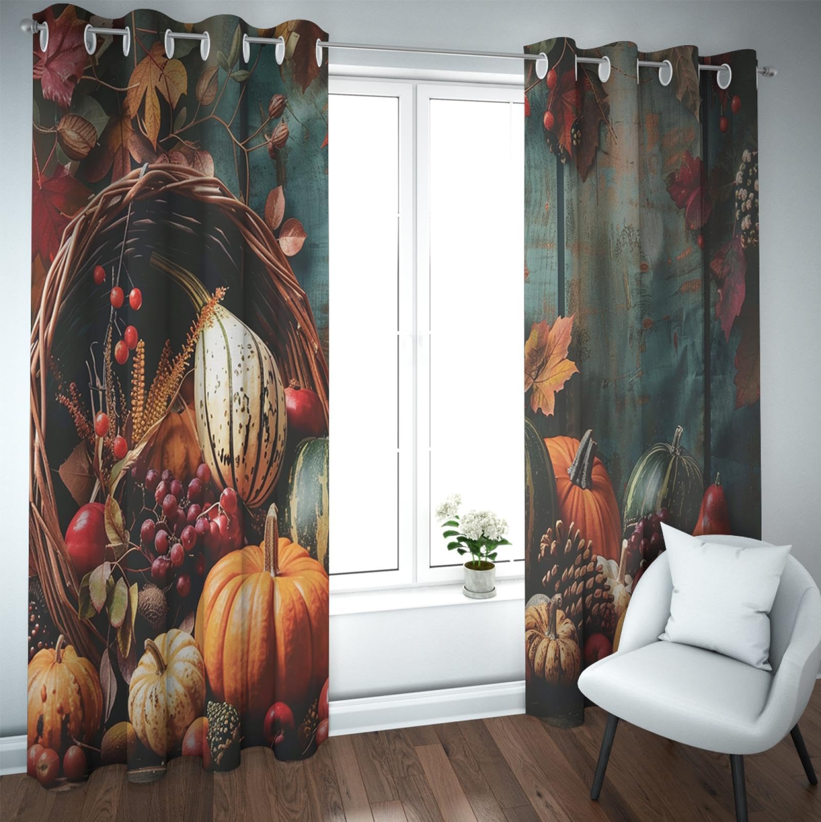 HOBBOY Happy Fall Darkening Curtains Thanksgiving Pumpkin Harvest Print Curtains Fruit & Vegetables Window Drapes for Bedroom Living Room Decor 2X W38xL63in