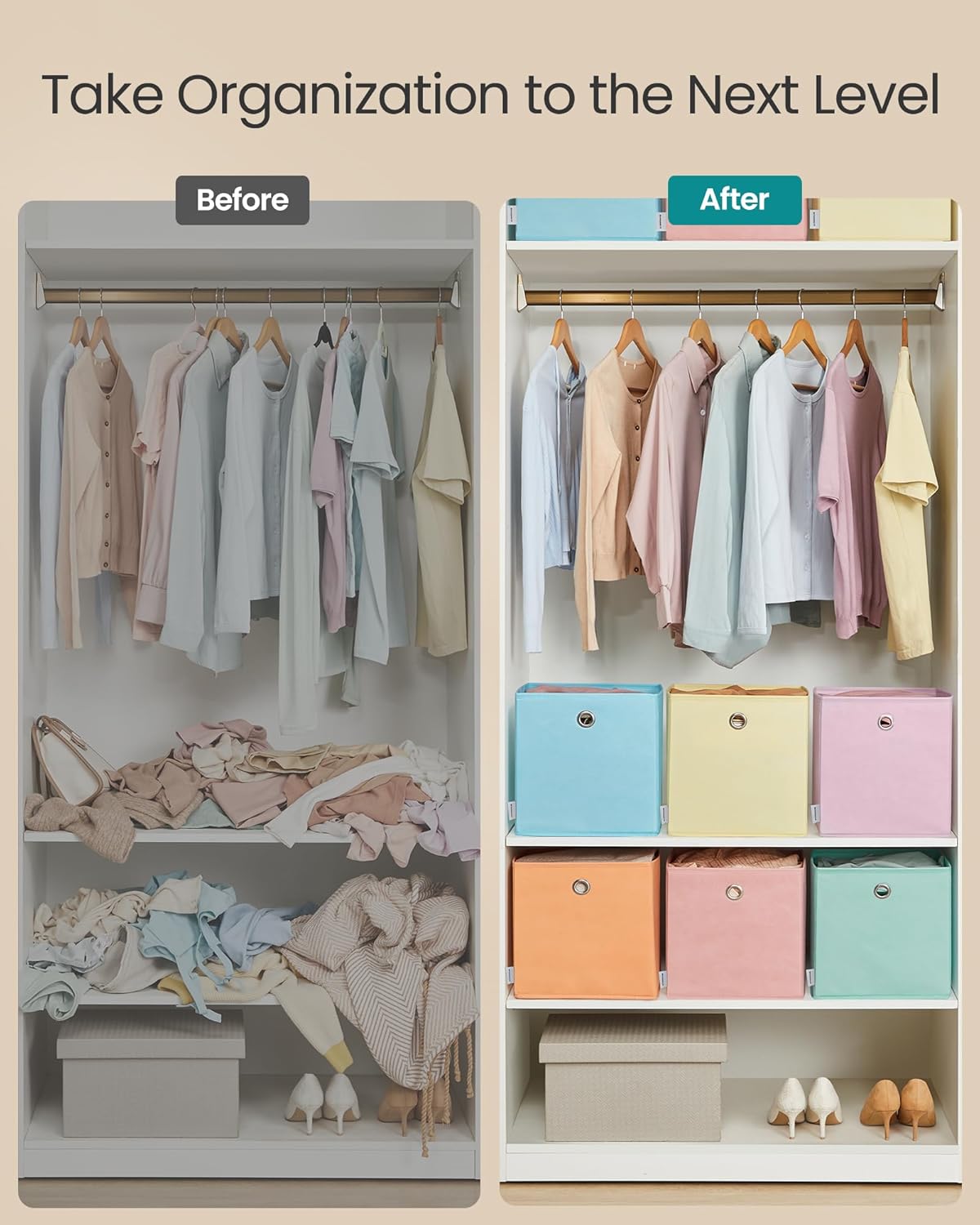 SONGMICS Storage Cubes, Set of 6 Odorless Foldable Storage Boxes, 10.2 x 10.2 x 11 Inches, Closet Organizers for Shelf, Rainbow Storage Bins, Colorful Fabric Bins for Bedroom, Living Room URFB226X01 - Image 7