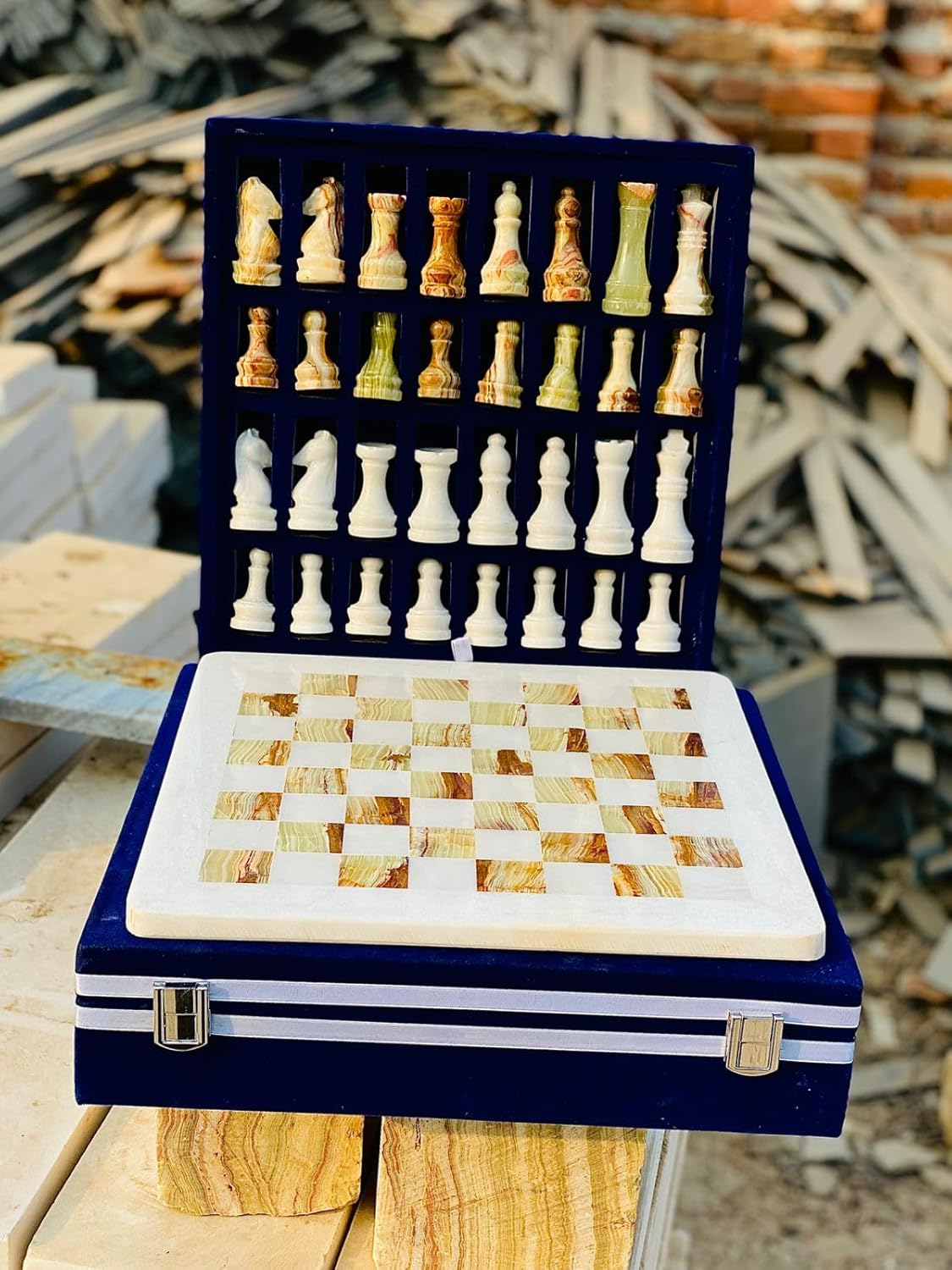 Large Handmade Full Chess Set, Marble Chess Board, 32 Chess Game Pieces, Unique Home décor. Handcrafted Tournament Chess Board - 2 Players. (White Green)