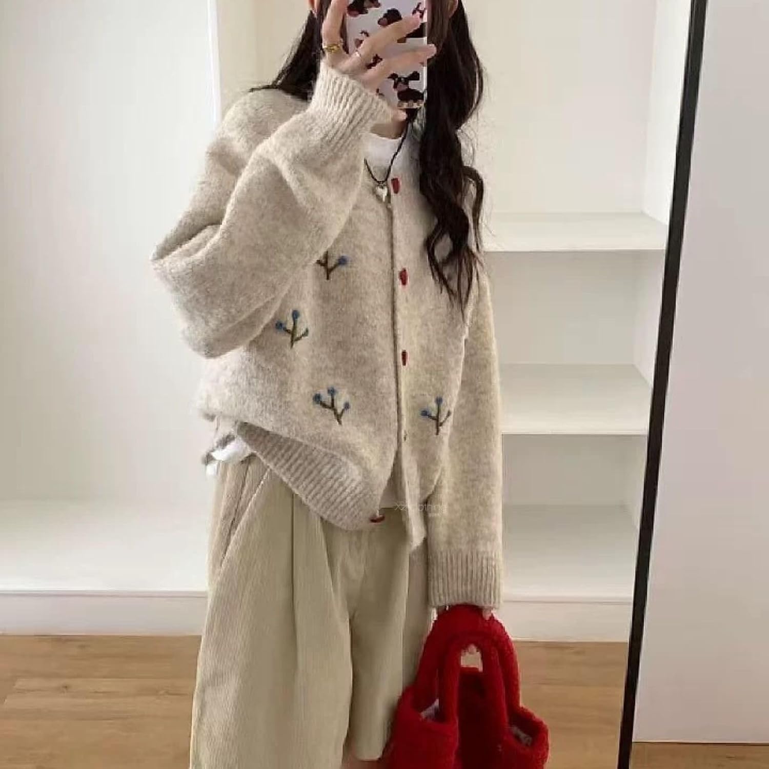 FindThy Women’s Floral Embroidery Cardigan Sweater Cute Heart Button Crewneck Long Sleeve Knitted Outerwear