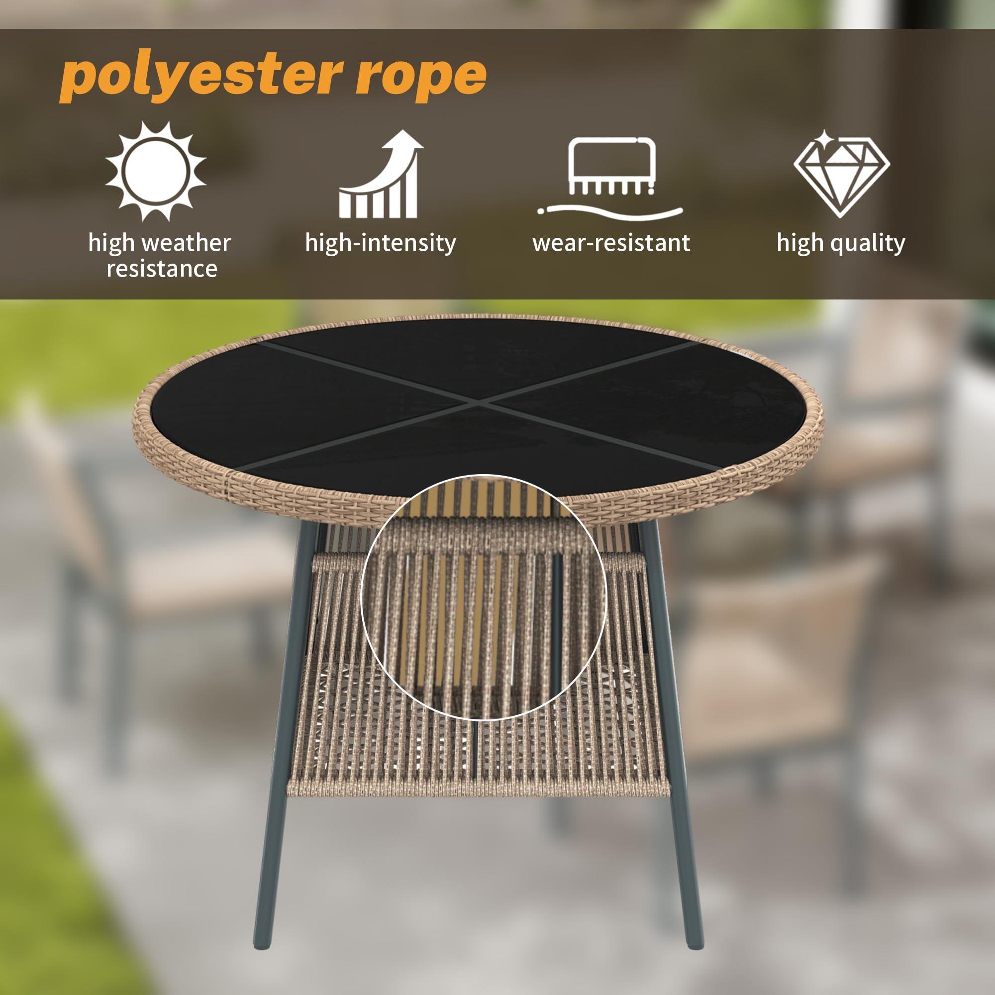 Conjunto Mesa y Sillas Jardín Ratán PE 5 Piezas, Conjunto Jardin Exterior con 1 Mesa de Comedor Redonda y 4 Sillones, Mesa y Sillas Terraza Exterior con Cojines, Marco Metálico, Gris