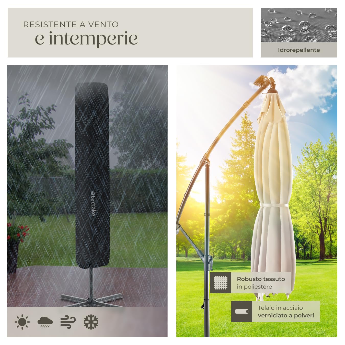 tectake® Ombrellone da Giardino Sunna, 2,5x2,5m, LED ad Energia Solare, Inclinazione Regolabile, Manovella, Custodia Protettiva, Stabile contro Vento, Arredo Giardino