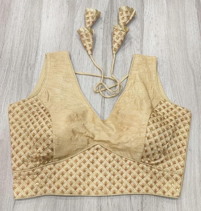 Pujia Mills Women's Readymade Heavy Mono Banglori Sleeveless Sabyasachi Pattern Embroidery With Sequence Work Gold Color Saree Blouse For Lehenga Choli