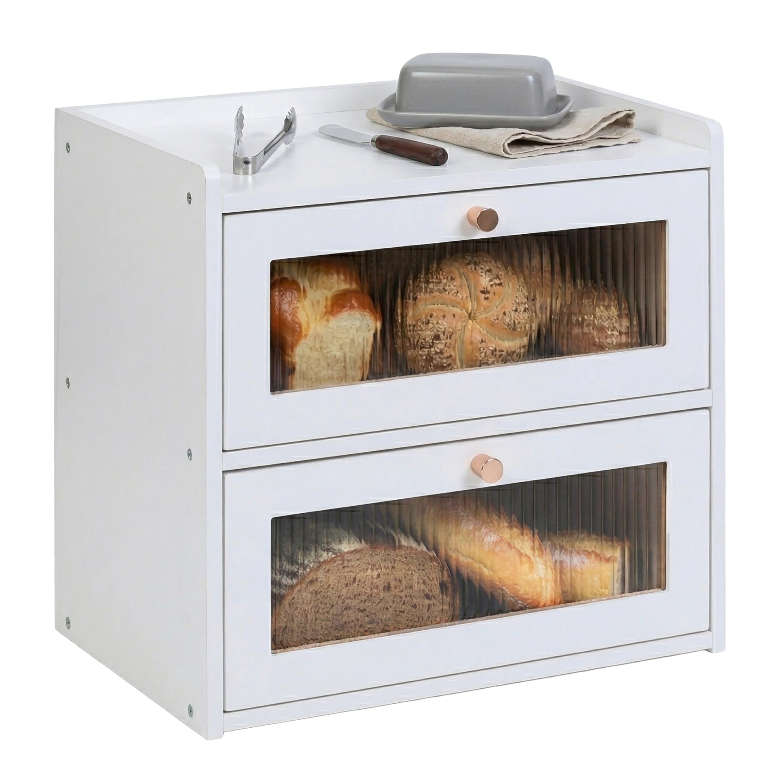 Relaxdays Portapane in bambù 2 Livelli, con finestrelle e sportelli a ribalta, 34 x 36,5 x 24 cm, Bianco