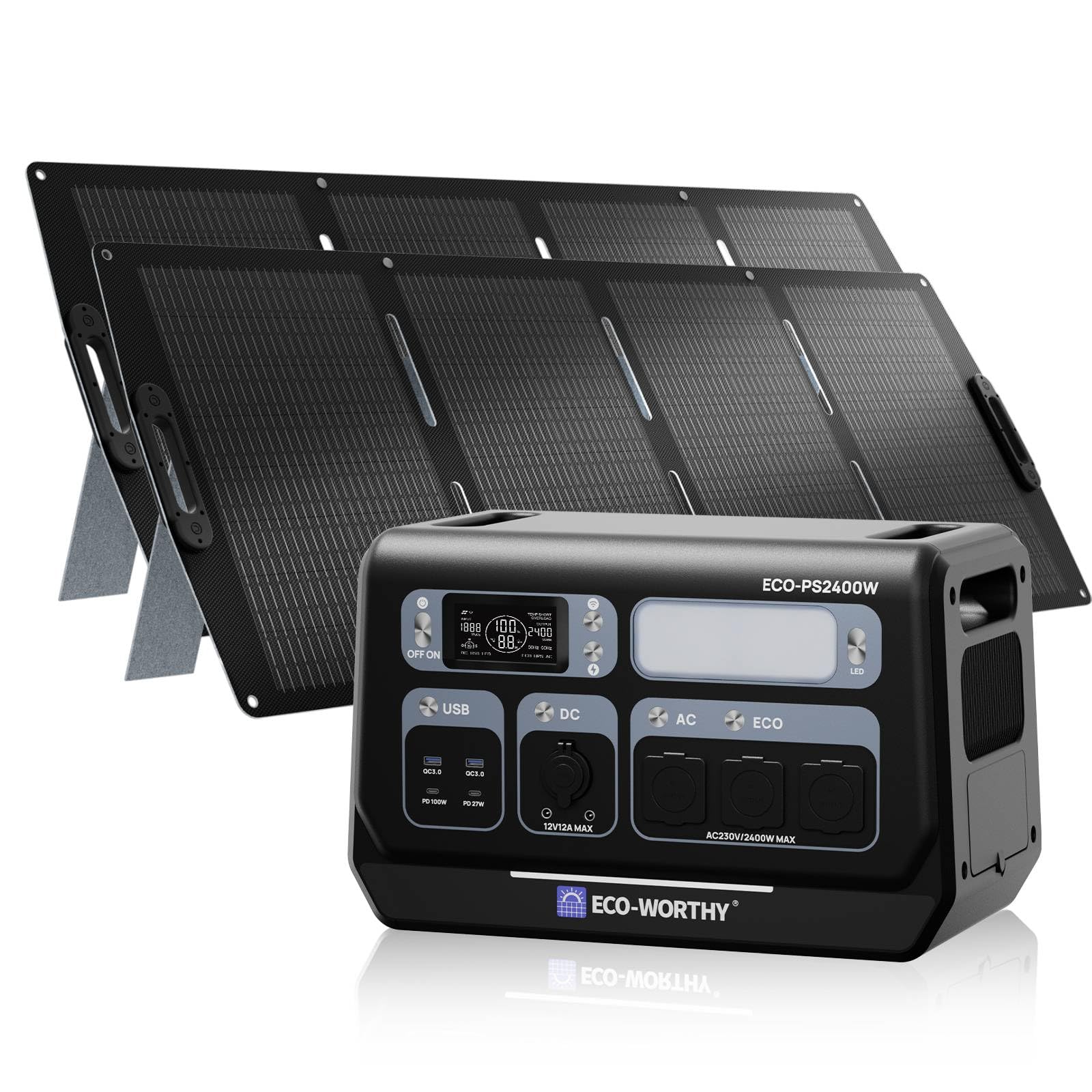 ECO-WORTHY PS2400 W Powerstation z 2 panelami słonecznymi 200 W, składana | Generator solarny 2048 Wh z 10 przyłączami < 10 ms UPS