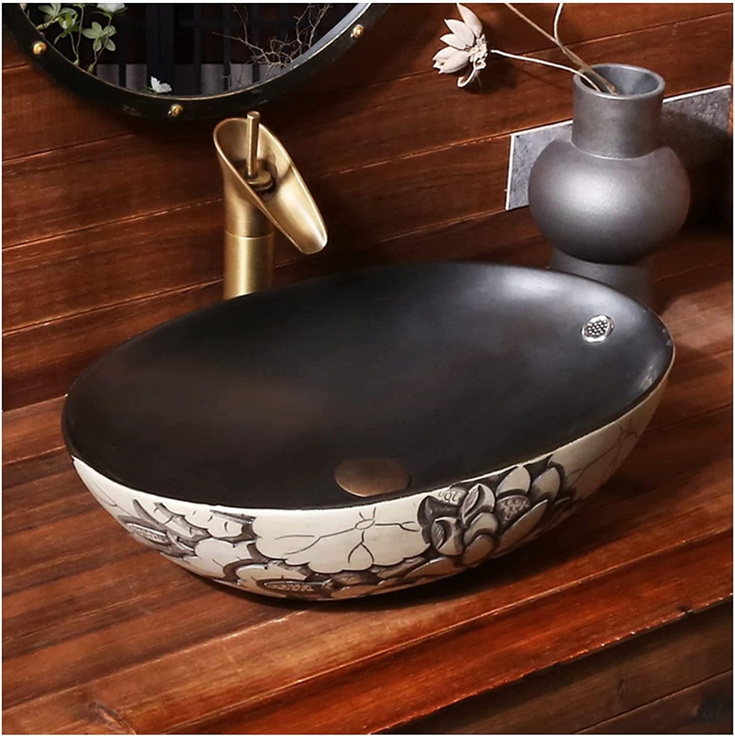 セラミックバスルームシンク彫刻ロータスアートバスルーム洗面台シンク