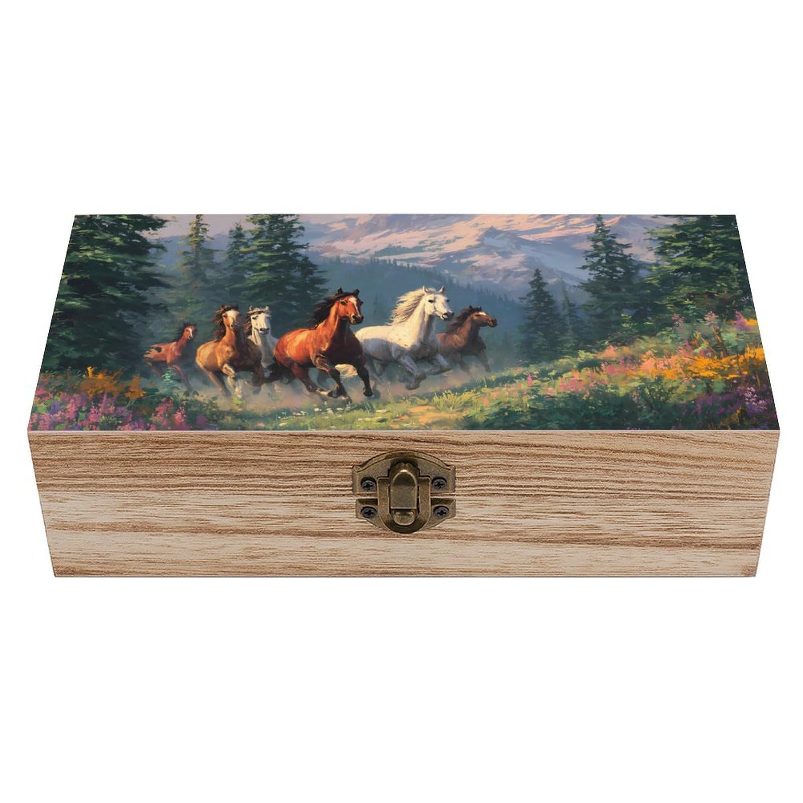 HLBSDM Wild Horses Galloping Snowy Mountains Wooden Storage Box Craft Memory Keepsake Treasure Chest Box Jewelry Organizer